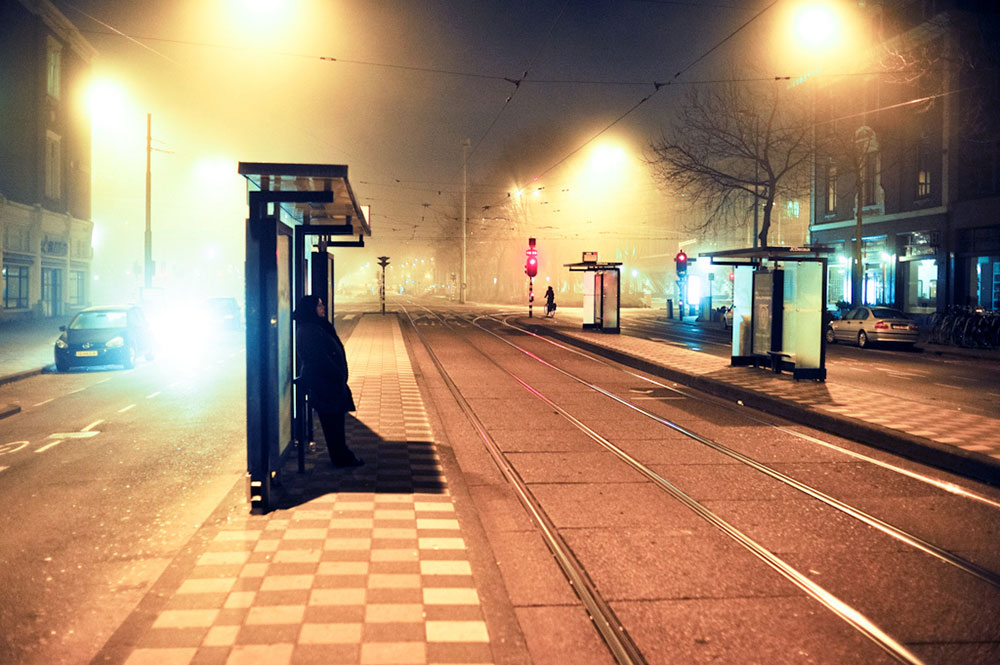 Bus stop at night image